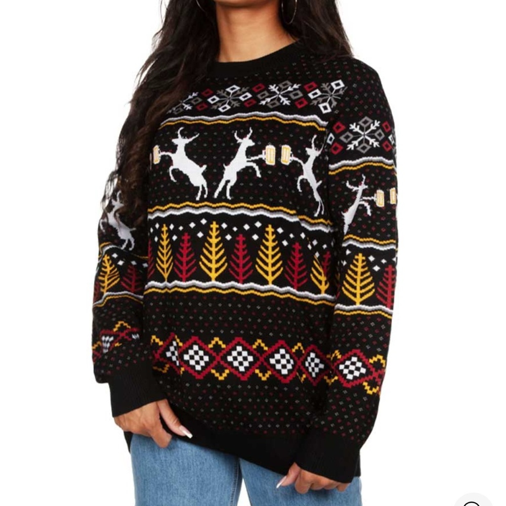 Tipsy Elves Festive Black and Red Reindeer Drinking Beer Christmas  Sweater 3XL